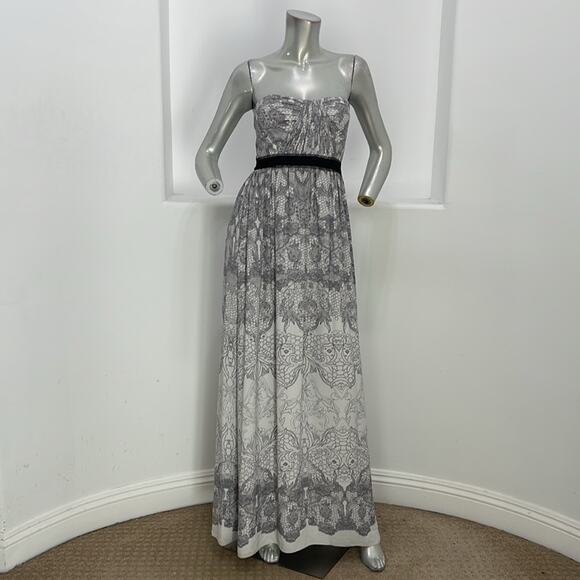 Bcbgmaxazria Amber Strapless Maxi Dress Party Cocktail White Gray Print  Size 2 - Picture 4 of 16